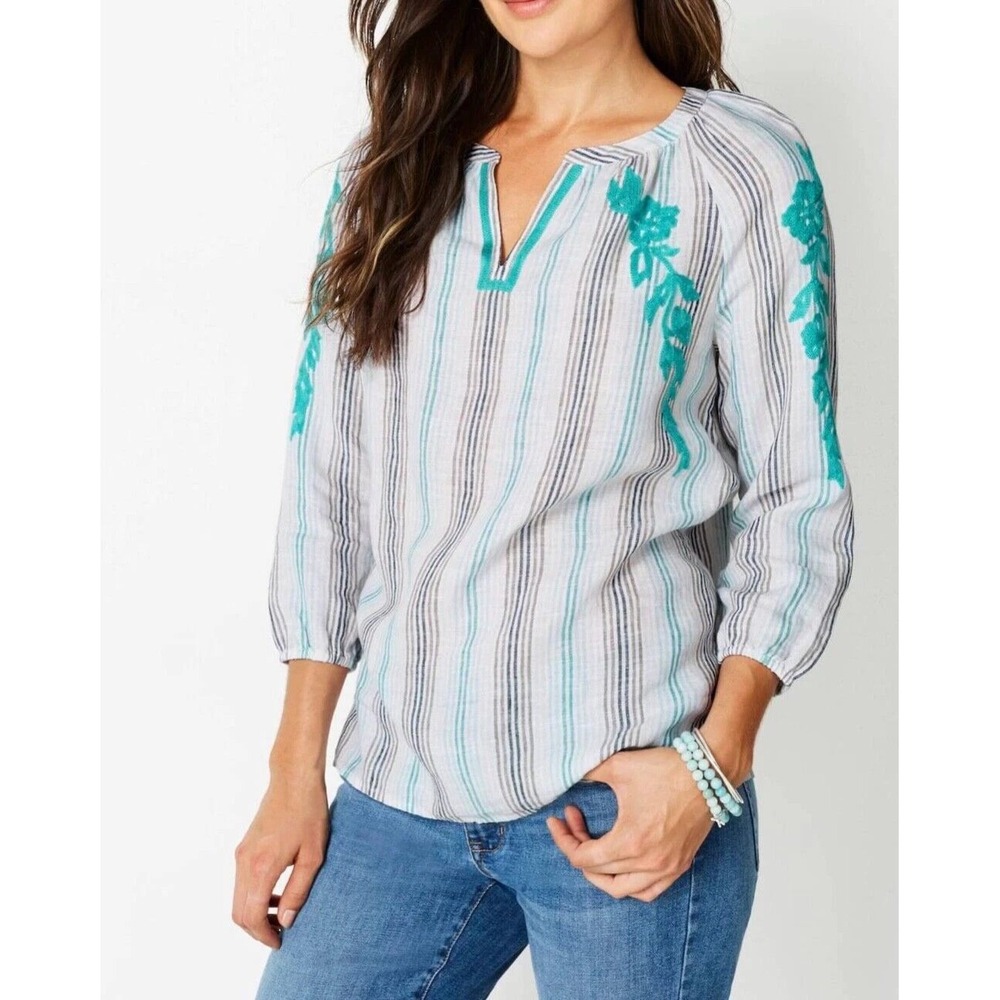 J Jill Love Linen Blouse L Petite 100% Linen Striped Embroidered Tunic Boho